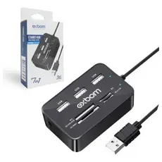 Hub USB 7 em 1 EXBOM UH-R230 - 3 Portas USB 2.0 e Leitor de Cartão Universal, Plug & Play