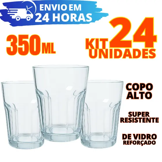 Kit 24, 12 e 6 Copos De Vidro Resistente 350ml Para Suco Água Refrigerante REFORÇADO
