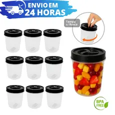 Jogo 10 Potes Redondo 500ml Tampa Preta com Rosca BPA FREE REFORÇADO Pote Mantimentos Tempero Potinho