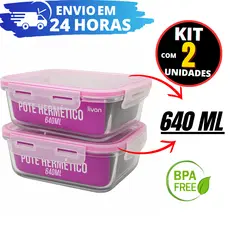 Conjunto 02 Potes Vidro 640 ML Resistente C/ Tampa Hermético Freezer Micro-ondas 4 Travas