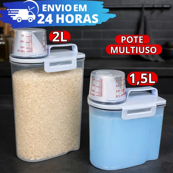 Dispenser Pote Hermético Com Copo Medidor 1,5L e 2L Organizador Dosador Multiuso Porta Mantimentos 2 e 1 Unidades