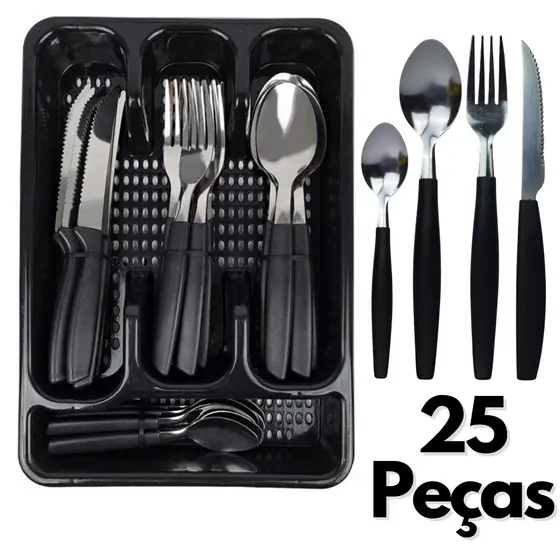 Jogo De Talheres 25 Peças Inox Conjunto Faqueiro Com Porta Garfos Colheres E Facas