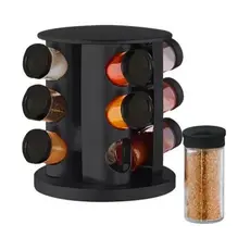 Porta Temperos Giratório Com 9 Potes de Vidro Tampa Dosadora Preto