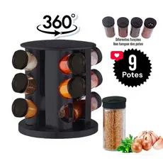 Porta Temperos Giratório Com 9 Potes de Vidro Tampa Dosadora