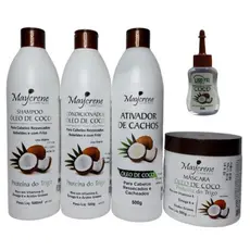 Kit Cacheados Óleo Coco 4x500ml - Shampoo Condicionador Máscara Ativador e Rep 30ml Maycrene 5 Prod.