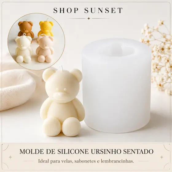 Molde de Silicone Urso Ursinho Sentado 3D para Velas Sabonete Resina Flexível Artesanato