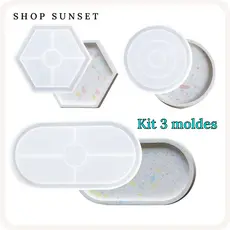 Kit 3 Molde Silicone Bandeja oval redonda hexágono Forma Geométrica resina gesso cimento