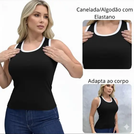 REGATA FEMININA BICOLOR CANELADA ALGODÃO PREMIUM RIBANA BLUSA REGATA MODA CASUAL BÁSICA VERÃO PRAIA