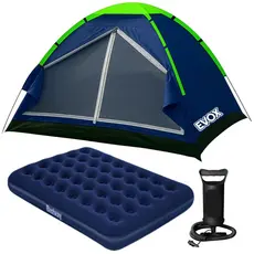 Kit Barraca Camping 4 Pessoas A Prova D'Água + Colchão Inflável Casal Resistente + Bomba  de Ar Evox