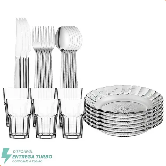 Aparelho de Jantar Em Vidro Com Talheres 30 Peças - Copos, Pratos e Talheres Inox - Ideal Mesa Posta