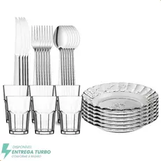 Aparelho de Jantar Em Vidro Com Talheres 30 Peças - Copos, Pratos e Talheres Inox - Ideal Mesa Posta