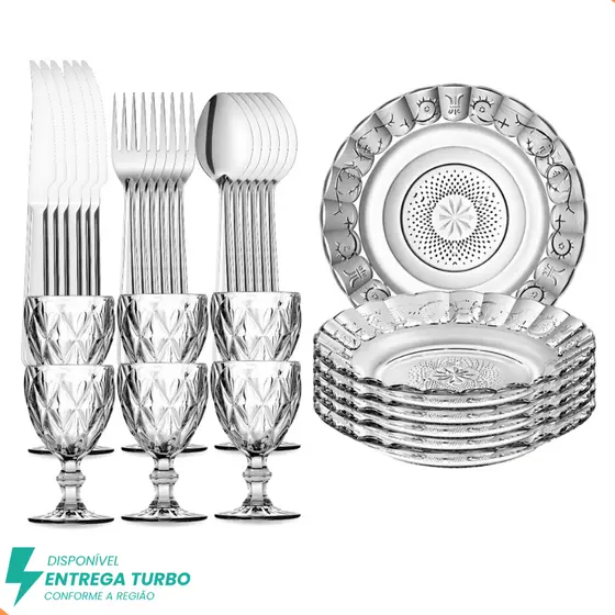 Aparelho De Jantar 30 Peças - 6 Pratos Fundos, 6 Taças 340ml e 18 Talheres Inox