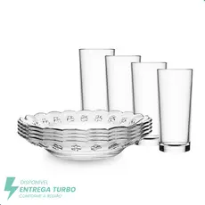 Aparelho de Jantar 8 Peças – 4 Copos e 4 Pratos Fundos Conjunto Para Almoço e Jantar