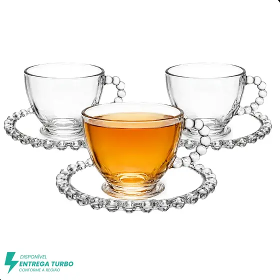 Jogo De Xícaras E Pires Em Vidro Transparente 6 Peças Para Chá Café 220ml Pearl Pérola Bolinha