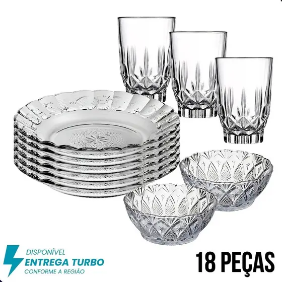 Jogo De Pratos Fundos E Copos C/18 Peças Aparelho De Jantar Em Vidro Com Tigelas
