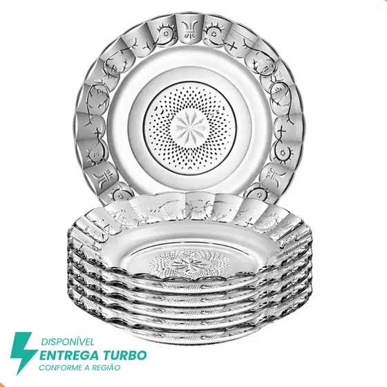 Conjunto com 12 Pratos Fundos Egípcios de Vidro 21,5cm – Design em Alto Relevo, Sofisticado