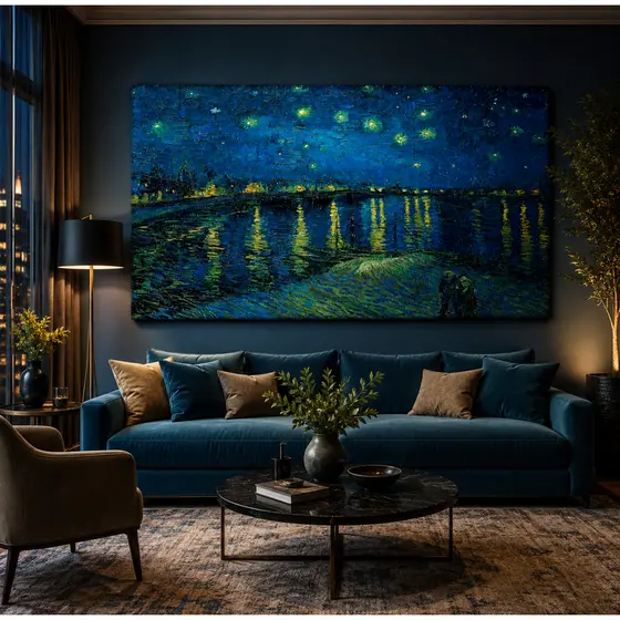 Quadro Decorativo Sala, Área de Trabalho, Van Gogh Noite estrelada Sobre Ródano, obras de artes, tela acetinada