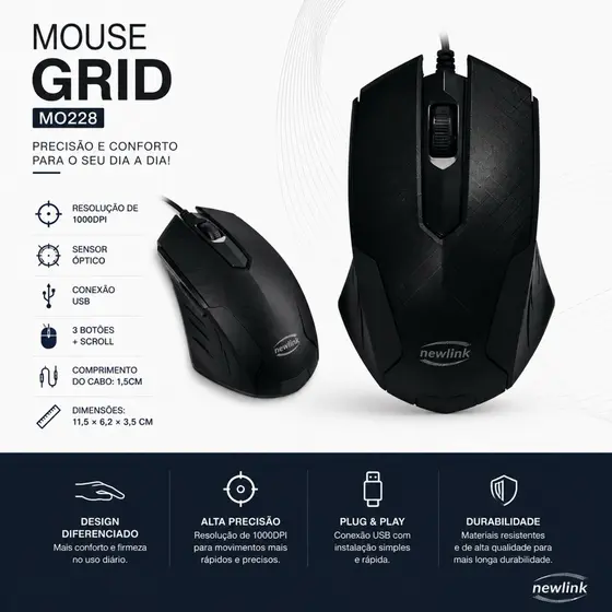 Mouse Óptico USB NewLink MO228 1000dpi 3 Botões Preto