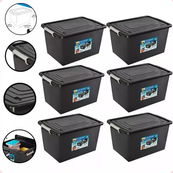Kit Com 6 Caixas Organizadoras com Tampa e Trava 56 Litros Grande Resistente