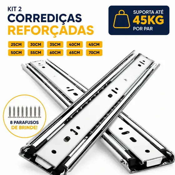 Kit 2 Trilho Corrediças Gaveta Telescópica 45kg - 25cm - 30cm - 35cm - 40cm - 45cm - 50cm - 55cm