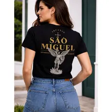 Camiseta Cristã Católica Religiosa Arcanjo Miguel Anjo Manga Curta Gola Redonda Estilo Streetwear Design Moderno Verão