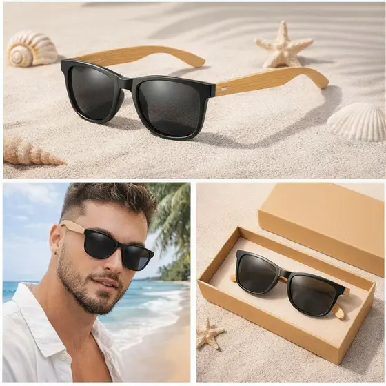 Óculos de Sol Masculino Madeira Bambu Preto Homem Moderno Estiloso Vintage Proteção Uv400