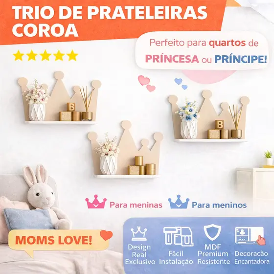 Trio Prateleira Coroa MDF | Trio Decoração Bebê Menina Menino | Decoração Quarto Princesa e Príncipe