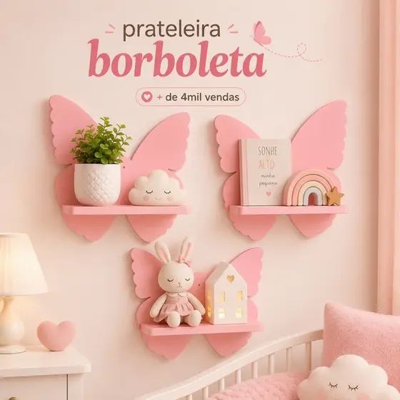 Kit Prateleira Infantil Borboleta 3 Peças MDF | Nicho Decorativo Quarto de Bebê e Criança | Decoração Menina Moderna