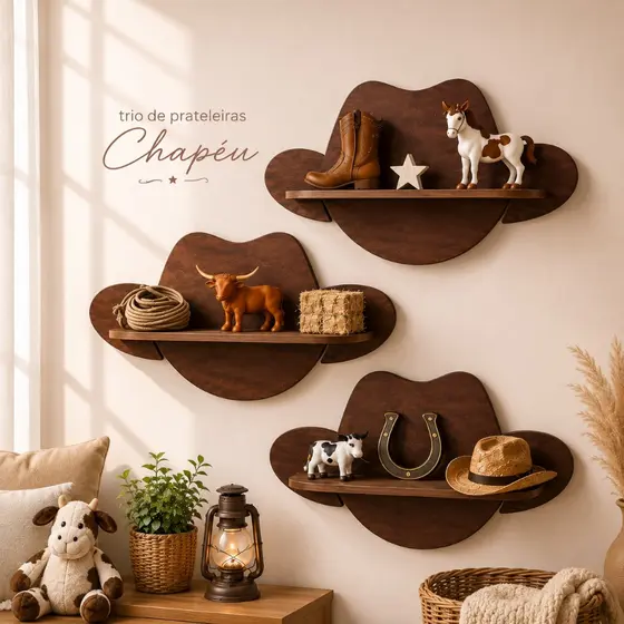 Prateleira Chapéu Boiadeiro Boiadeira Fazendinha Cowboy Cowgirl Quarto Bebê Decoração MDF Kit com 3 unidades