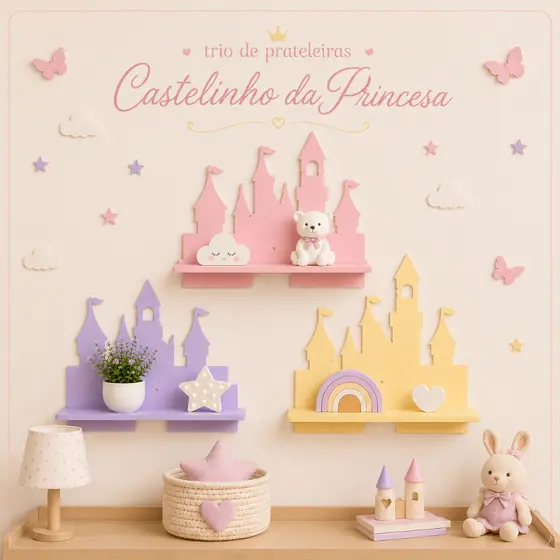 Trio Prateleiras Infantil Castelinho da Princesa MDF Decor Quarto Bebê Menina