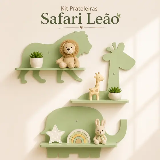 Kit 3 Prateleiras Safari Infantil Leão Girafa Elefante MDF Quarto Bebê