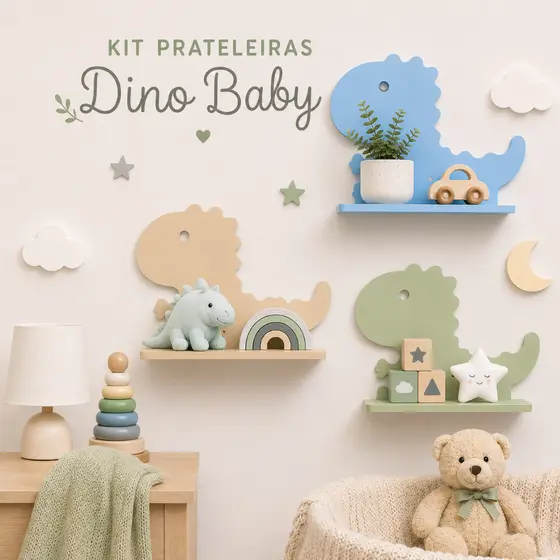 Prateleira Dino Baby MDF Decoração Quarto Bebê Dinossauro Infantil | Kit com 3 peças