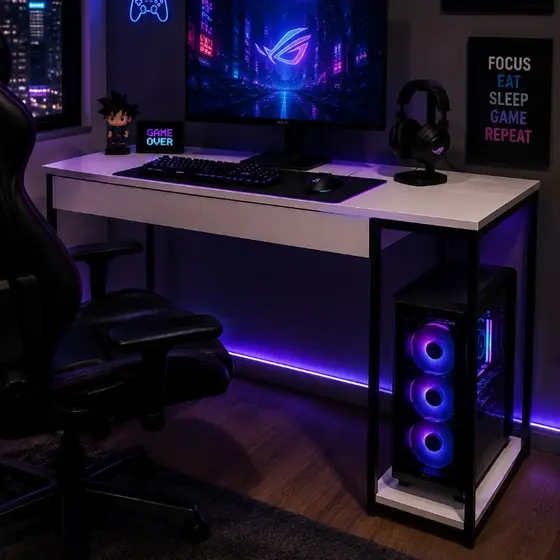 Mesa Gamer Com Suporte Para CPU Home Office Escrivaninha Industrial Quarto Notebook