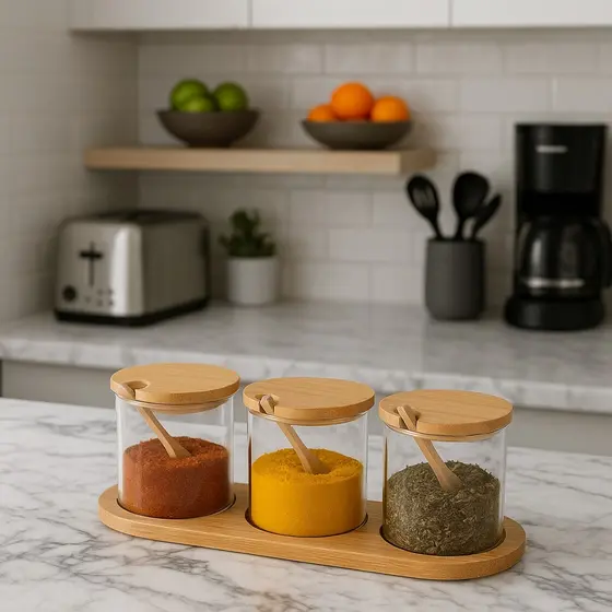 Kit 3 Porta Condimentos Temperos de Vidro Tampa Colher/Suporte de Bambu 330 ml Organização Cozinha