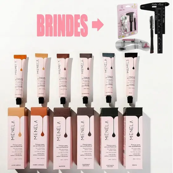 Tintura Tinta para Sobrancelhas Cílios e Barba Menela Profissional 20mL Paquimetro Mini Pincel Molde
