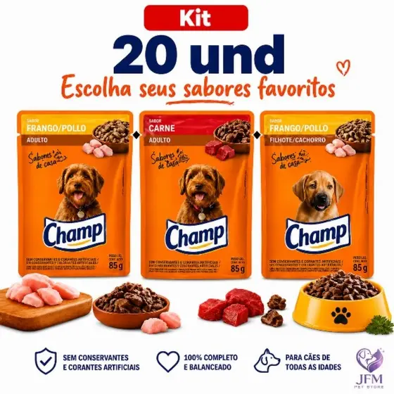 CHAMP 20 UND Carne/Frango e Filhote - Sachê para Cães 85g