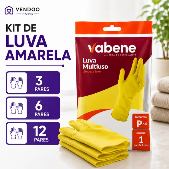 Kit Luva de Látex Amarela  Multiuso para Limpeza – 3, 6 ou 12 Unidades