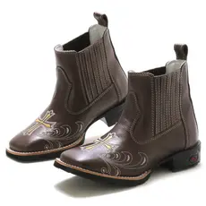 Bota Feminina Country Em Couro Legítimo Bico Quadrado Bordada Confortável Rhl Botas
