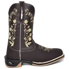 Bota Texana Feminina Flores Bege Couro Ecológico Premium com Sola Jump Antiderrapante