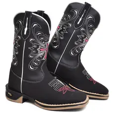 Bota Texana Feminina Couro Ecológico Cruz Rosa Bordada Sola Jump Antiderrapante