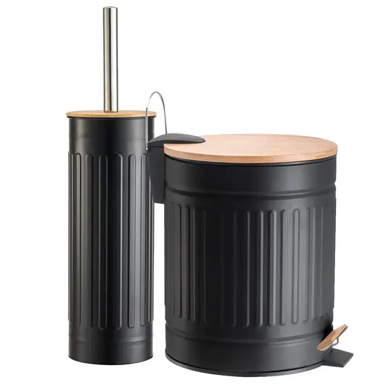 Lixeira Banheiro 5 Litros Aço com Tampa Bambu Pedal + Escova Sanitária Lavabo Retrô | Preta e Branca