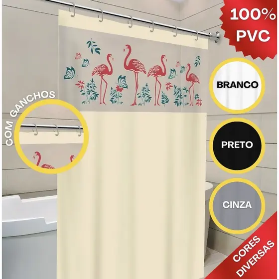 Cortina Box Banheiro Chuveiro Visor c/Ganchos Flamingo Ave Antimofo Impermeável Plástica 100% PVC