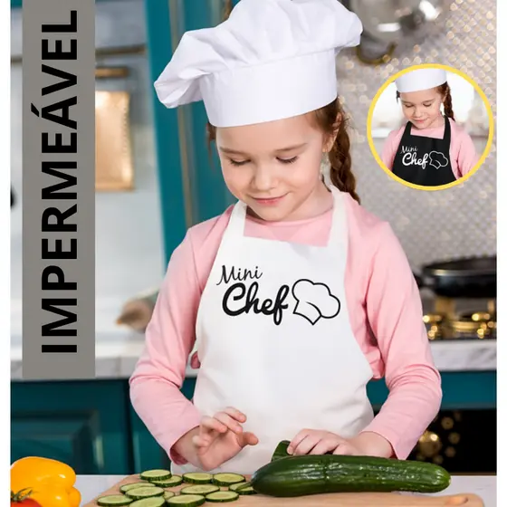 Avental Infantil Impermeável Mini Chef Culinária Branco Preto - Envio Imediato