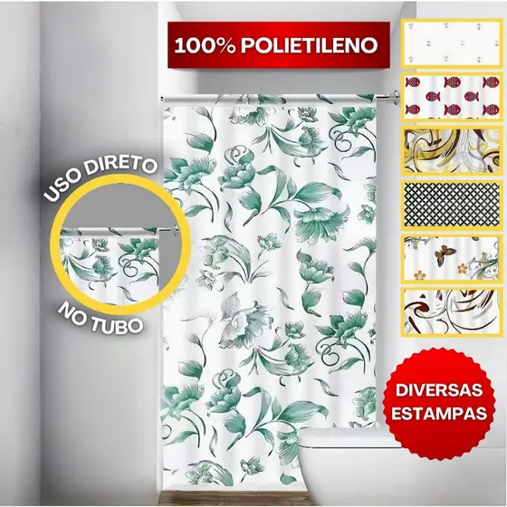 "Cortina Box para Banheiro com Estampas Sortidas – 100% Polietileno, Impermeável | Para Tubo de Chuveiro