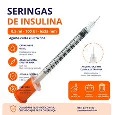 Seringa de Insulina com Agulha Fixa 0,5ml 0,25mm x 6mm  - Curta e Ultra Fina