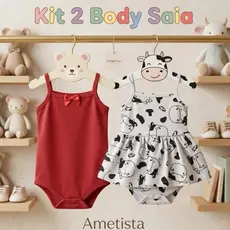 Kit 2 Body de Alcinha Bebê Menina Verão 100% Algodão, Kit Body Bebe Menina Liso + Estampado com Saia