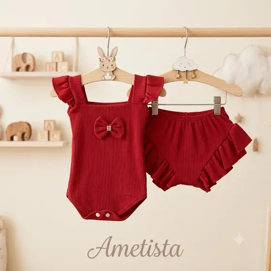 Conjunto Body Bebe com Short Tapa Fralda Bebê Menina Moda Infantil Confortável Malha Canelada Algodão