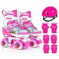 Patins Infantil Unicórnio Rosa 4 Rodas Regulável com luz de LED Colorido Com e Sem Kit de Segurança