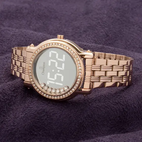 Relógio Rose Digital Champion Strass Led Branco CH48055P Original Luxo