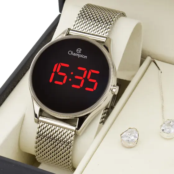 Relógio Digital Prata Champion Led Vermelho Pulseira Esteira Mesh CH40133T Original